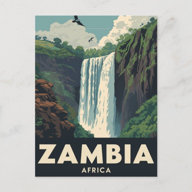 Postal Vintage Zambia Travel Poster Waterfall (Anverso)