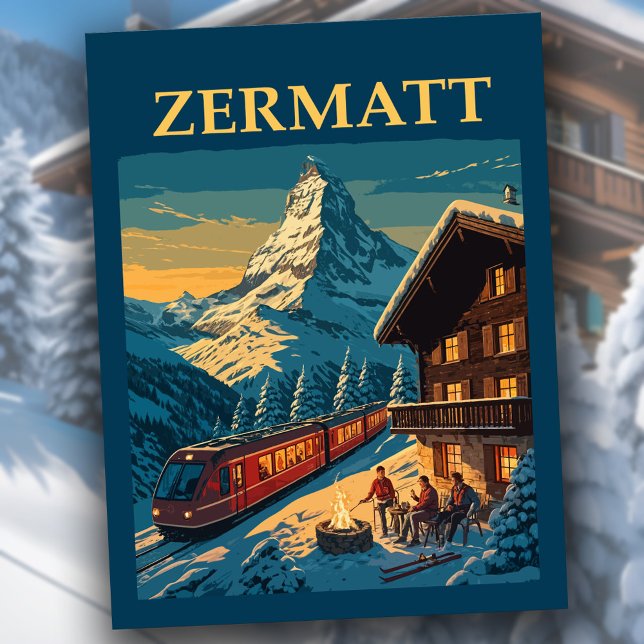Postal Vintage Zermatt Suiza Matterhorn Ski Chalet (Vintage Zermatt Switzerland classic luxury train travel postcard w/ Matterhorn landscape, ski chalet)