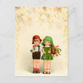 Postal Vintage zwei Kinder und Blumen