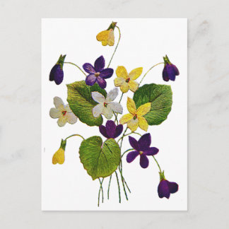Postal Violetas de color blanco, amarillo y púrpura borda