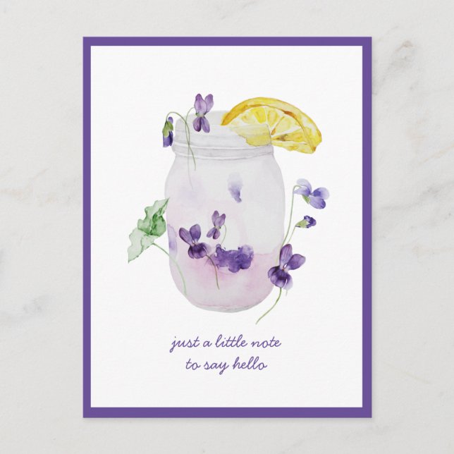 Postal Violetas Moradas, Jarrón de Limonada Mason Pensand (Anverso)