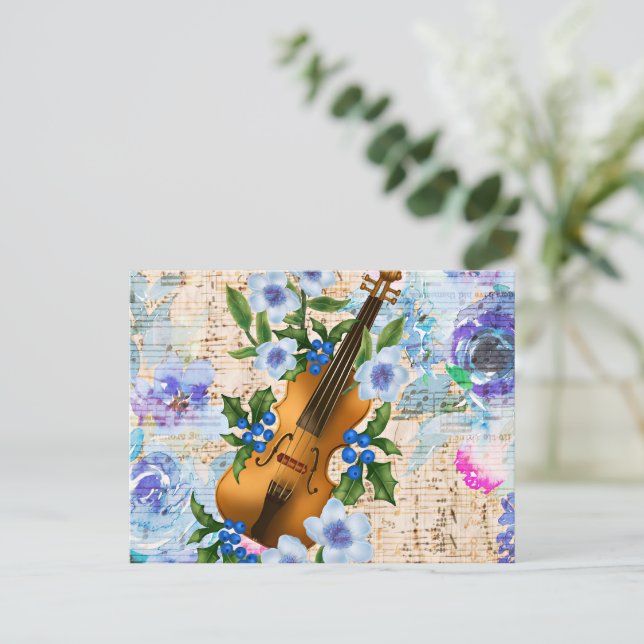 Postal Violín de Música Floral Vintage (Anverso de pie)