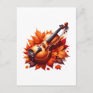 Postal Violín en la cama de hojas