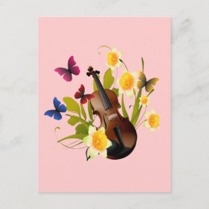 POSTAL VIOLÍN, FLORES Y MARIPOSAS