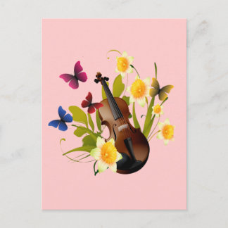 POSTAL VIOLÍN, FLORES Y MARIPOSAS