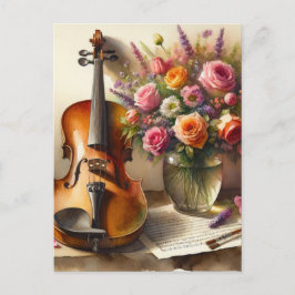Postal Violín, música de chapa y una bolsa de flores