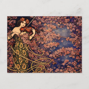 Postal Violinista Art Nouveau entre Flores – Floral Vinta