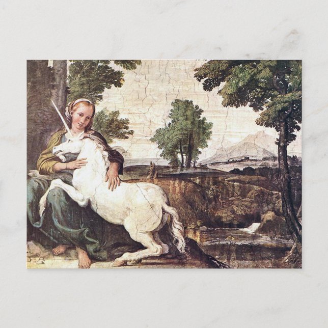 Postal Virgen con unicornio de Domenico Zampieri (Anverso)