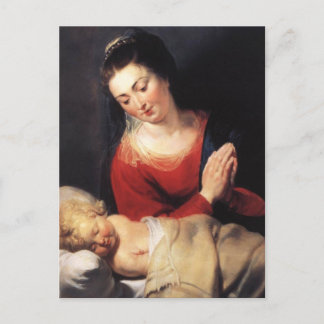 Postal Virgen en la Adoración ante el Niño Cristo