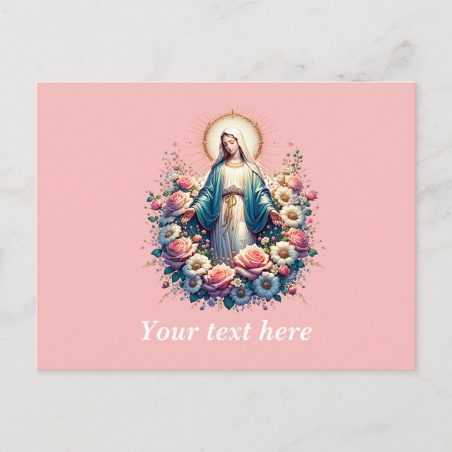 Postal Virgen María con hermosos Rosas (Anverso)