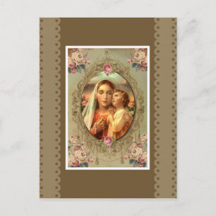 Postal Virgen María Madonna Niño Jesús Rosario Rosas