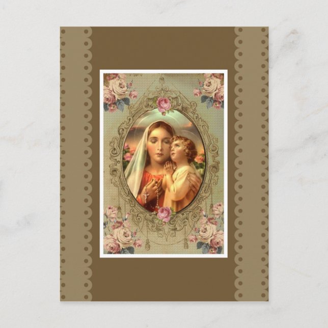 Postal Virgen María Madonna Niño Jesús Rosario Rosas (Anverso)