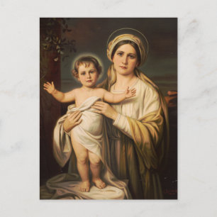 Postal Virgen María sujetando al bebé Jesús