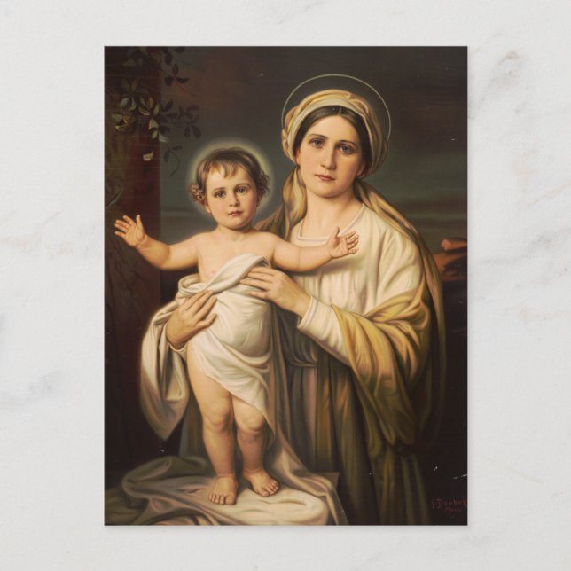 Postal Virgen María sujetando al bebé Jesús (Anverso)