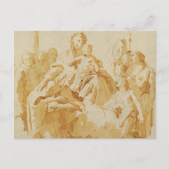 Postal Virgen y niño adorados por obispos, monjes y mujer (Anverso)