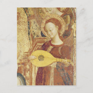 Postal Virgen y niño al frente con seis ángeles