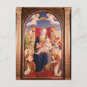 Postal Virgen y niño con músicos de ángeles y santos