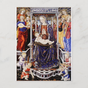 Postal Virgen y Niño entronizados con ángel músico