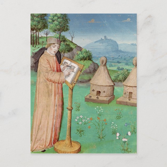 Postal Virgilio escribiendo la vida de las abejas