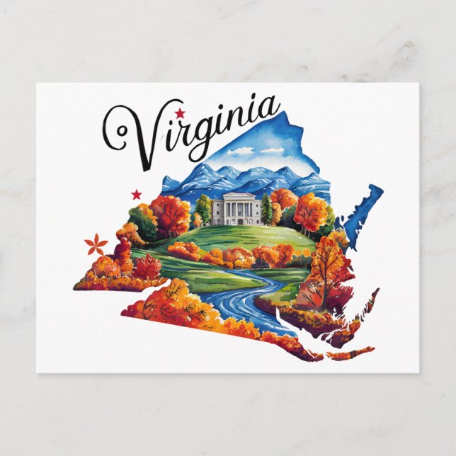 Postal Virginia EE. UU. Estado con forma de acuarela vint (Anverso)