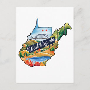 Postal Virginia Occidental USA Estado Forma Acuarela Vint