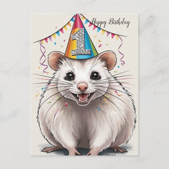 Postal Virginia Opossum vistiendo gorra de cumpleaños (Anverso)