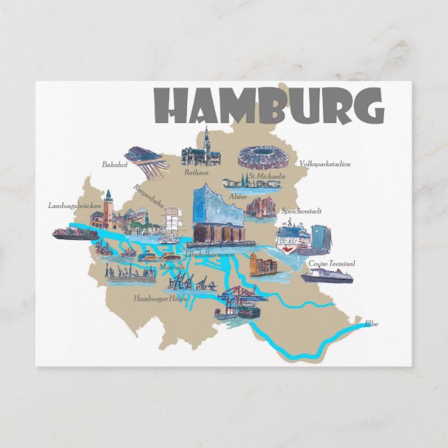 Postal Visión General del Mapa de Hamburgo (Anverso)