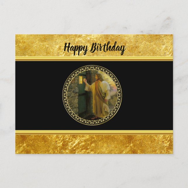 Postal Visita al amanecer Jesús tocando una puerta rústic (Anverso)