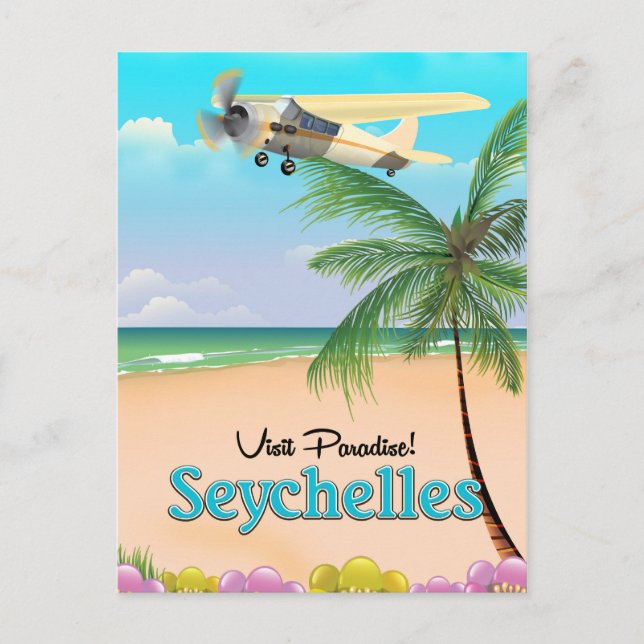 Postal ¡Visita el paraíso! Afiche de viaje de Seychelles (Anverso)