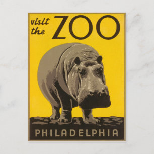 Postal Visita el Zoo Philadelphia Hippo - Vintage WPA