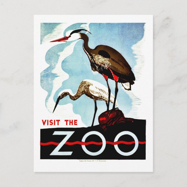 Postal Visite el zoológico, las garzas, el WPA retro vint (Anverso)