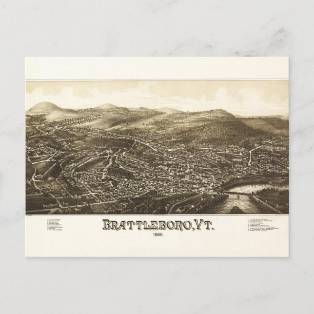 Postal Vista aérea de Brattleboro, Vermont (1886) (Anverso)