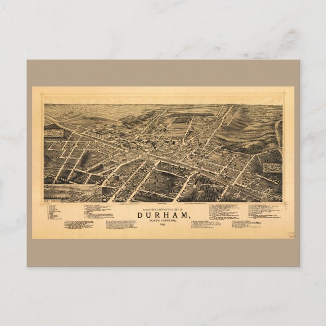 Postal Vista aérea de Durham, Carolina del Norte (1891) (Anverso)