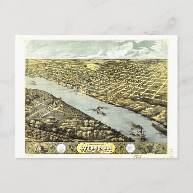 Postal Vista aérea de la ciudad de Atchison Kansas 1869 (Anverso)