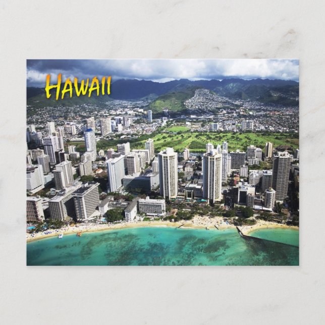 Postal Vista aérea de la playa de Waikiki, Oahu, Hawaii (Anverso)