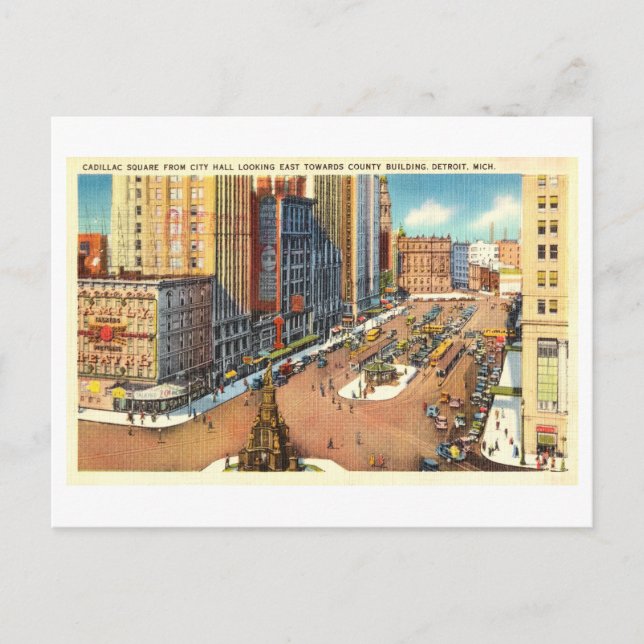 Postal Vista aérea de la plaza Cadillac en Detroit, Mich. (Anverso)