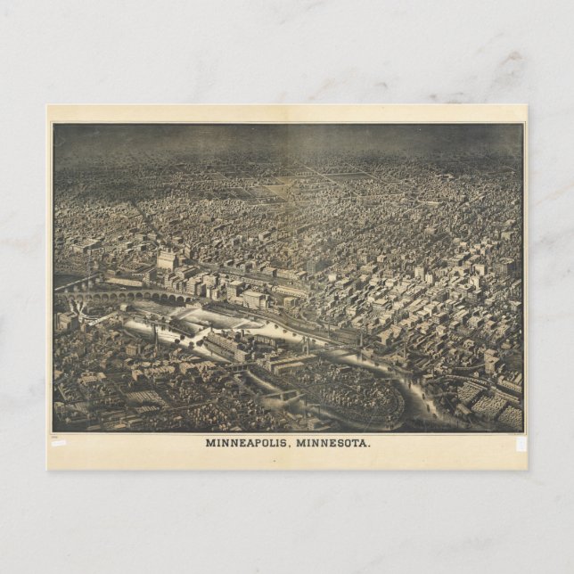 Postal Vista aérea de Minneapolis, Minnesota (1885) (Anverso)