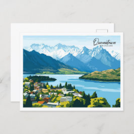 Postal Vista aérea Ilustracion Queenstown Nueva Zelanda