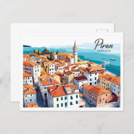 Postal Vista aérea Piran Eslovenia Viajes de Ilustracion