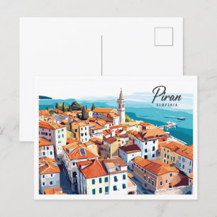 Postal Vista aérea Piran Eslovenia Viajes de Ilustracion