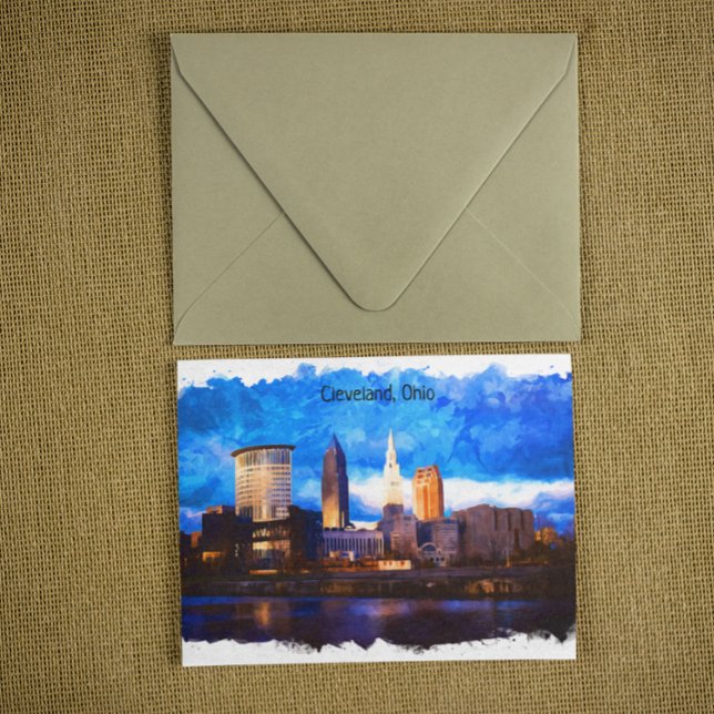 Postal Vista Cleveland Ohio USA Watercolor Cityscape (cleveland ohio panorama city view postcard)