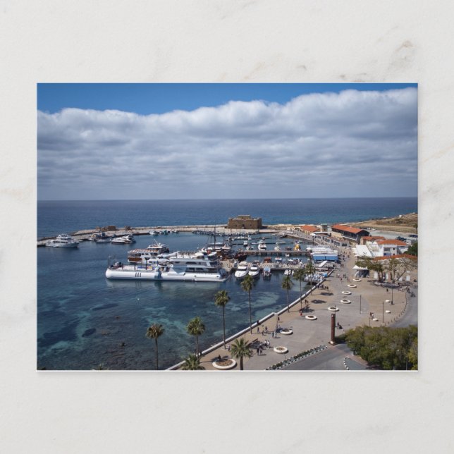Postal Vista con dron del puerto y castillo de Paphos (Anverso)