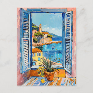 Postal Vista costera mediterránea a través de una ventana