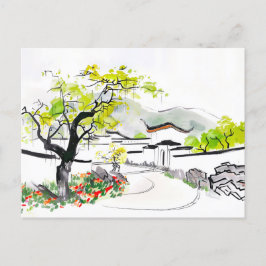 Postal Vista de aldea china con templo tradicional