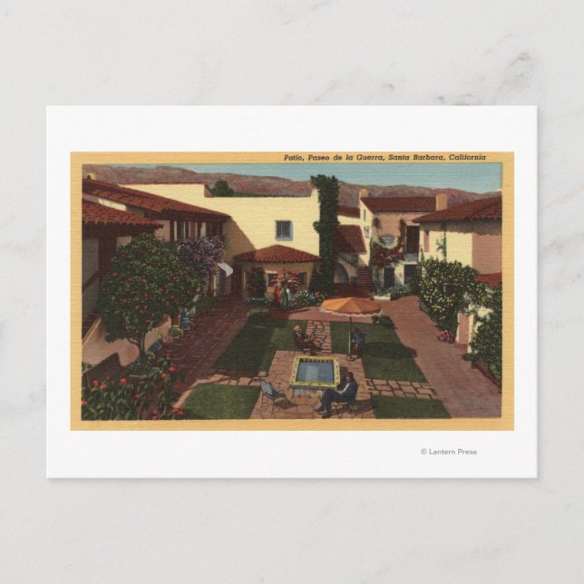 Postal Vista de De la Guerra Patio y tiendas (Anverso)