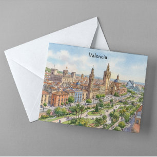 Postal Vista de la ciudad de Valencia España acuarela Ret