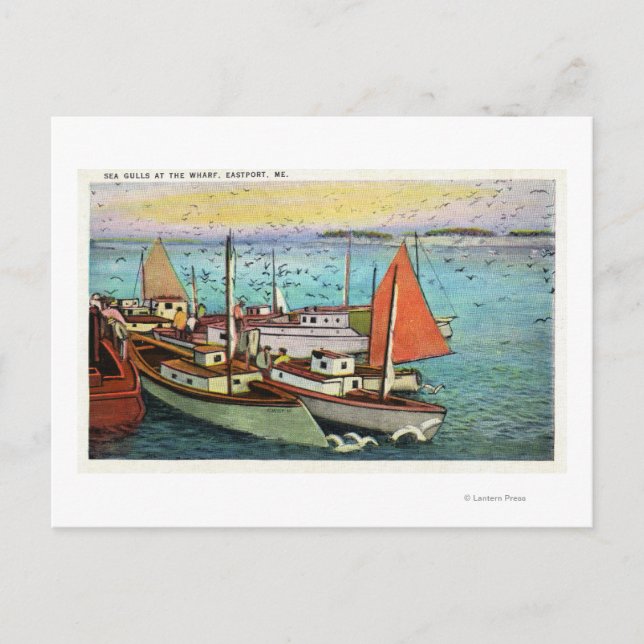 Postal Vista de las gaviotas y los barcos en el muelle (Anverso)