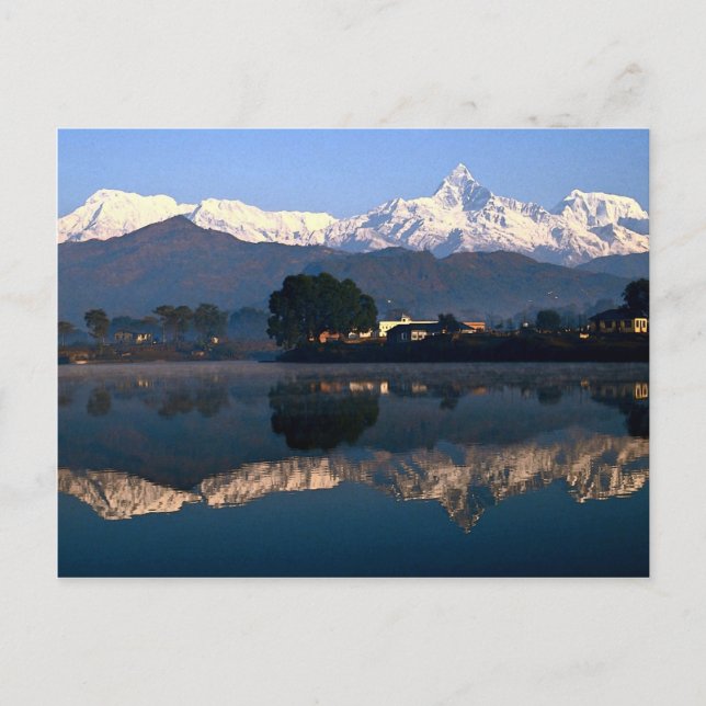 Postal Vista de Macchapuchhre sobre el lago Pokhara, Pokh (Anverso)