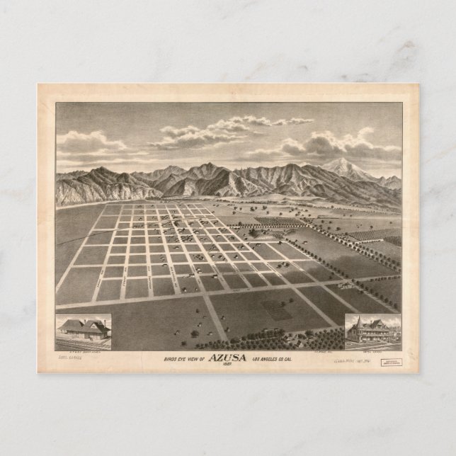 Postal Vista de ojos de pájaro de Azusa, California (1887 (Anverso)