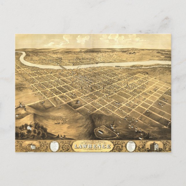Postal Vista de ojos de pájaro de Lawrence, Kansas (1869) (Anverso)
